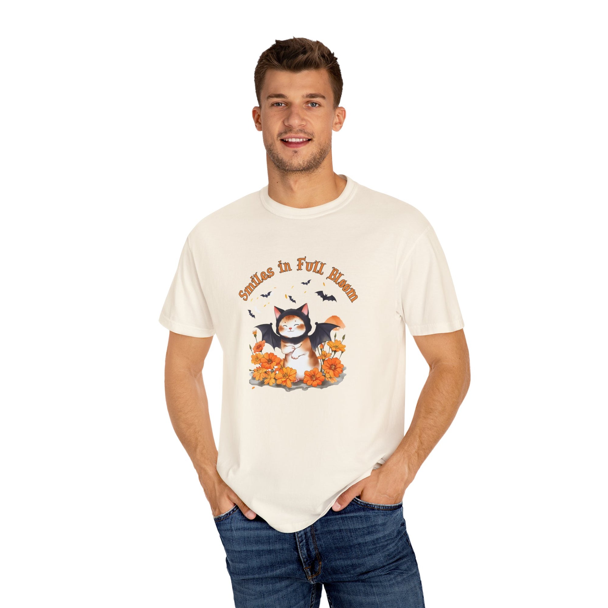 Smiles in Full Bloom Shirt – Cute Halloween Bat T-Shirt, Kawaii Spooky Season Tee, Autumn Flowers Graphic Shirt, Fall Aesthetic Outfit