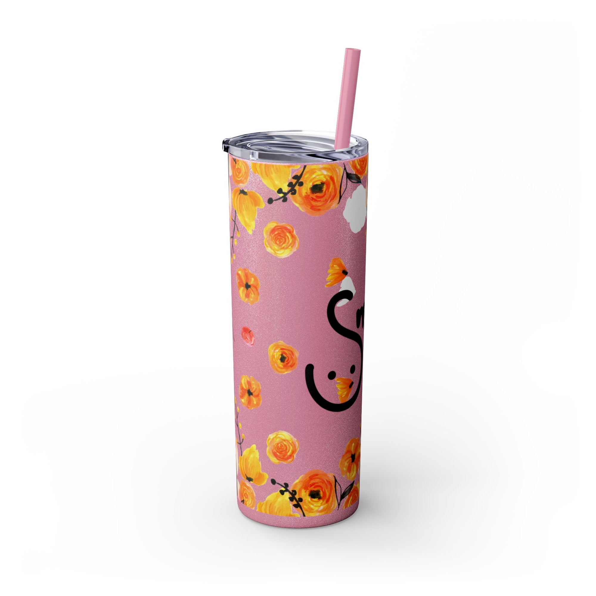 Smile Floral 20oz Skinny Tumbler – Watercolor Flower Stainless Steel Tumbler with Straw, Insulated Travel Cup, Cute Positive Gift