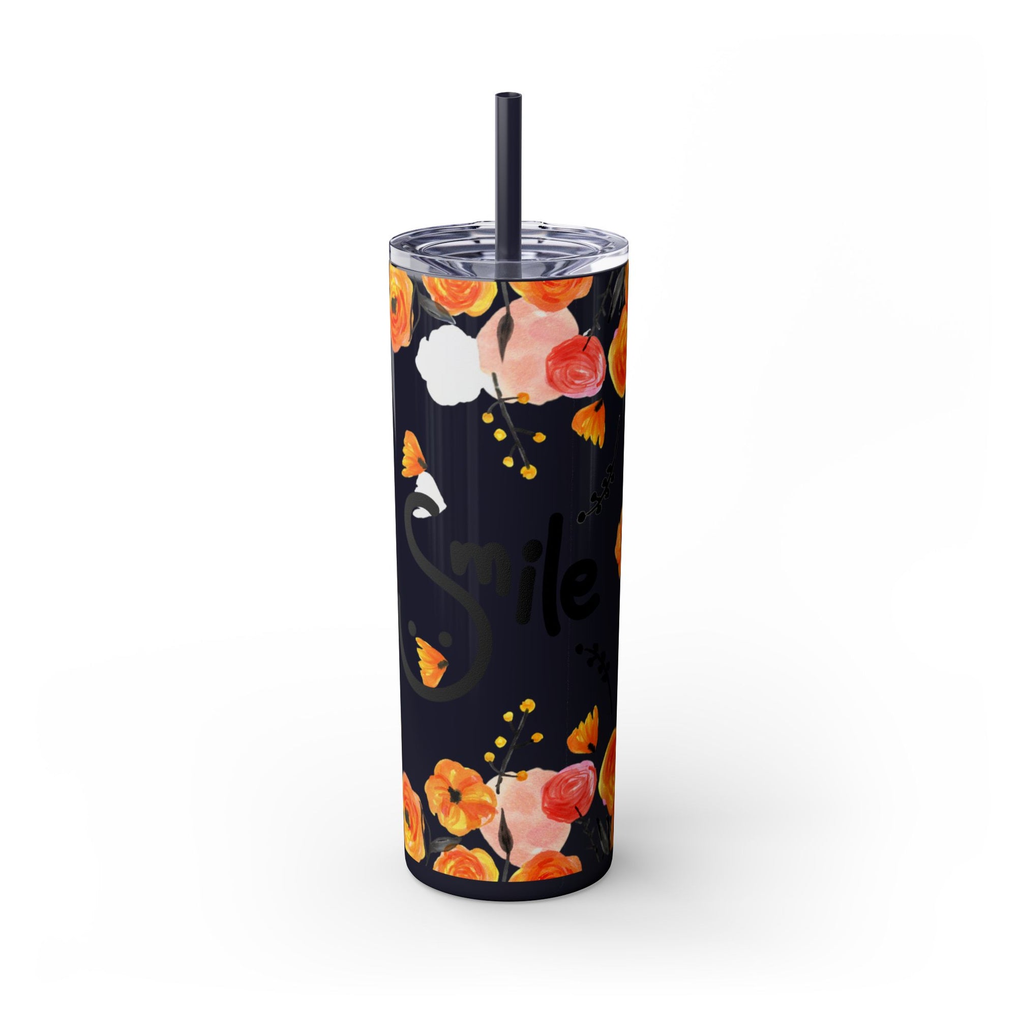 Smile Floral 20oz Skinny Tumbler – Watercolor Flower Stainless Steel Tumbler with Straw, Insulated Travel Cup, Cute Positive Gift