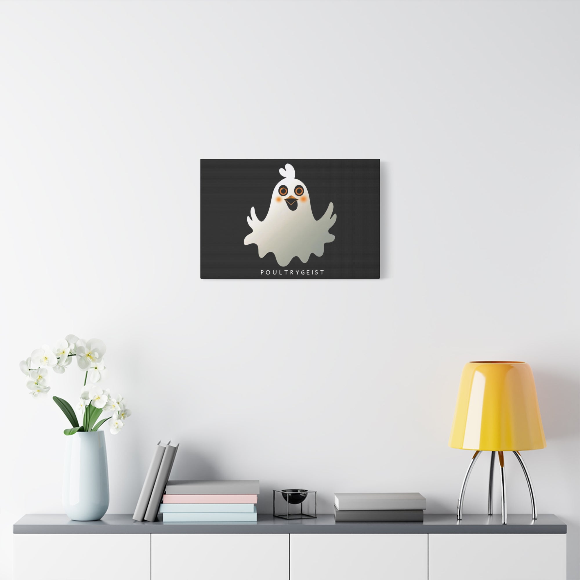 Poultrygeist Chicken Halloween Wall Art – Funny Farmhouse Spooky Decor – Gift for Chicken Lovers Whimsical Canvas Wall Art, Poultrygeist Decor, Cute Ghost Art, Halloween Home Decor, Fun Wall Hanging