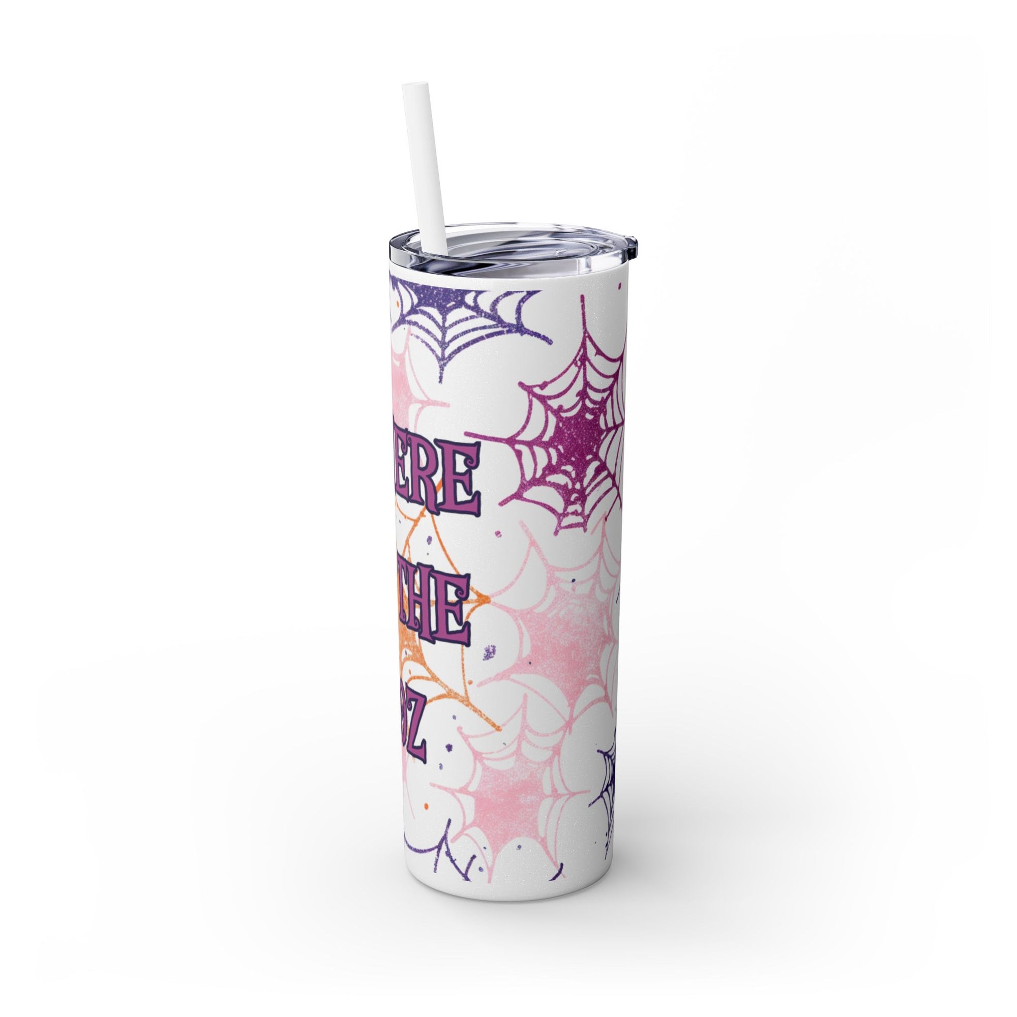 Halloween-Themed Skinny Tumbler, 20oz, I'm Here for the Booze, Travel Mug, Spider Web Design, Party Accessory, Fun Gift Idea