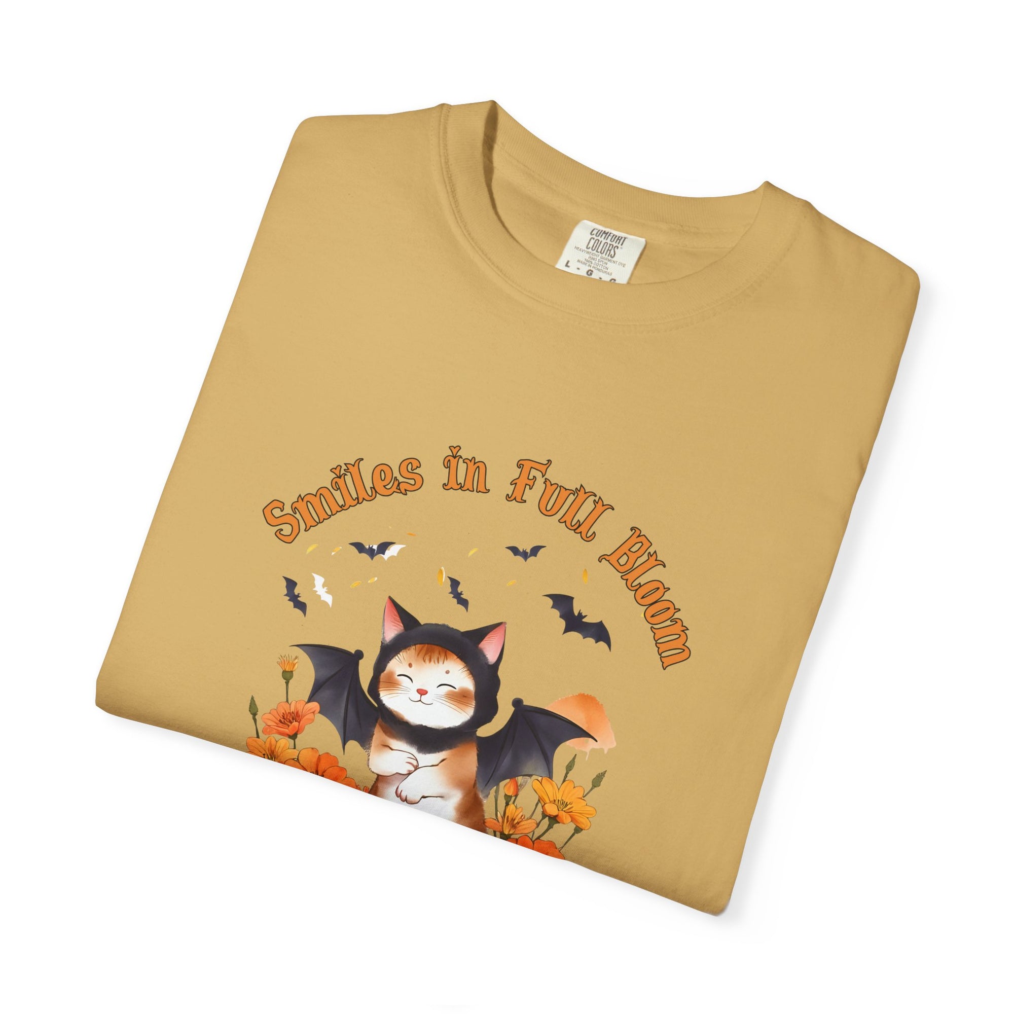 Smiles in Full Bloom Shirt – Cute Halloween Bat T-Shirt, Kawaii Spooky Season Tee, Autumn Flowers Graphic Shirt, Fall Aesthetic Outfit