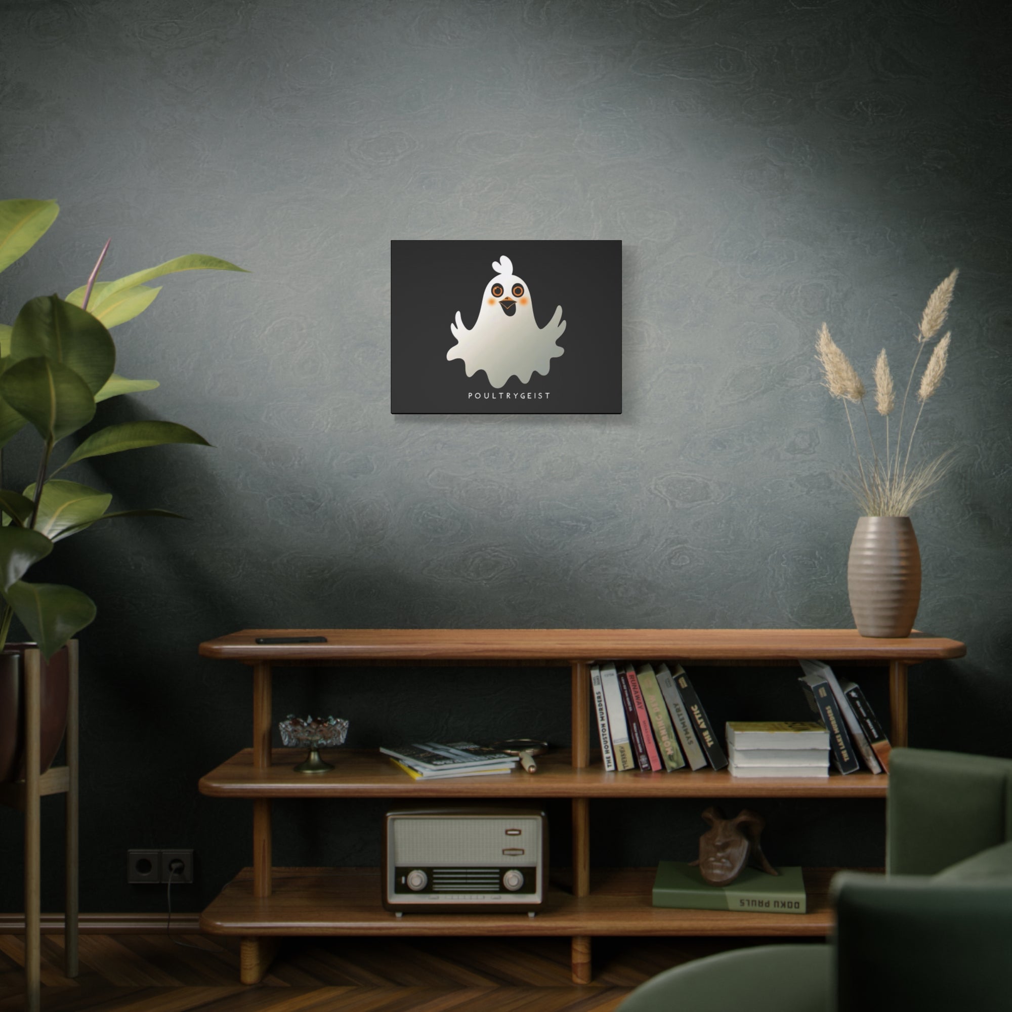 Poultrygeist Chicken Halloween Wall Art – Funny Farmhouse Spooky Decor – Gift for Chicken Lovers Whimsical Canvas Wall Art, Poultrygeist Decor, Cute Ghost Art, Halloween Home Decor, Fun Wall Hanging