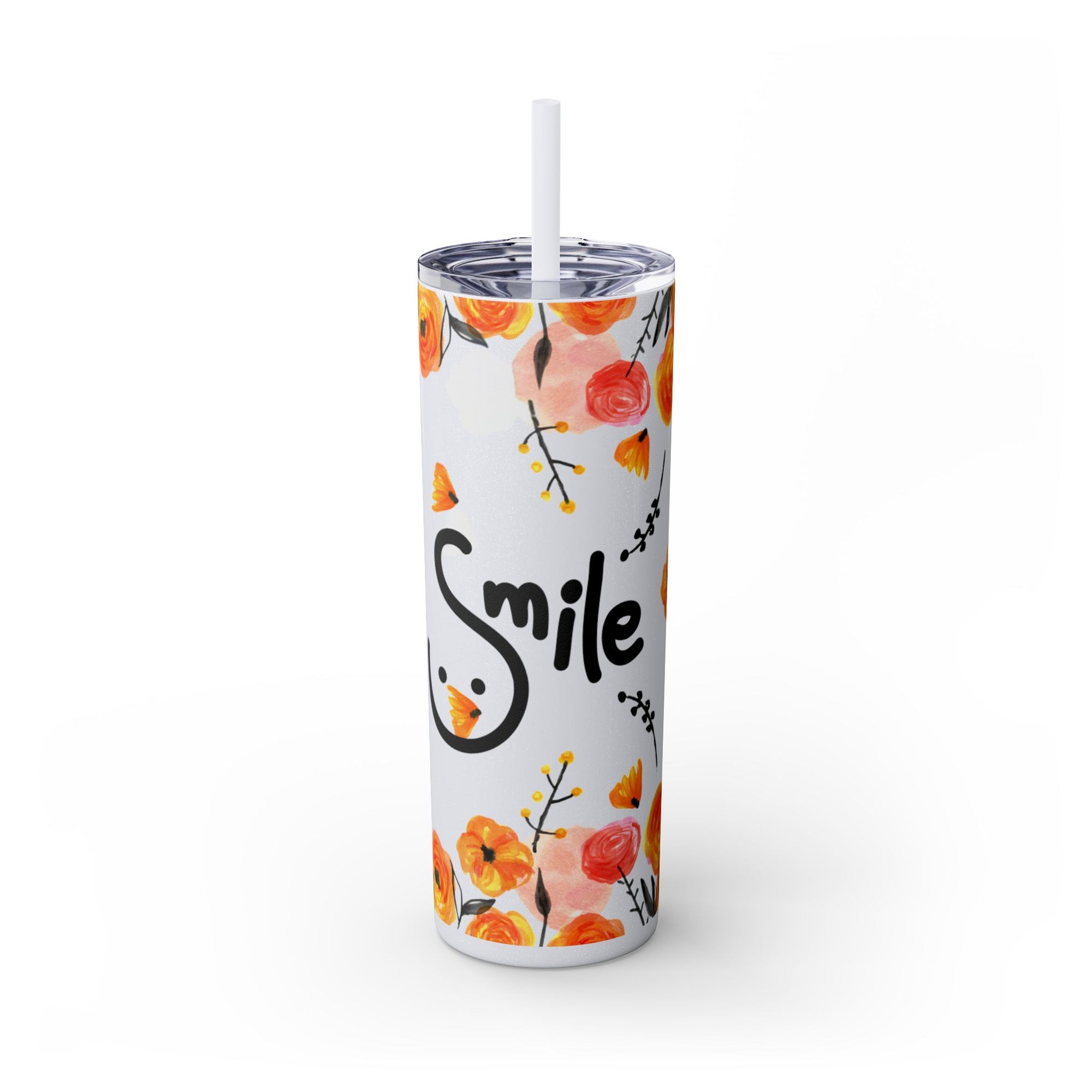 Smile Floral 20oz Skinny Tumbler – Watercolor Flower Stainless Steel Tumbler with Straw, Insulated Travel Cup, Cute Positive Gift