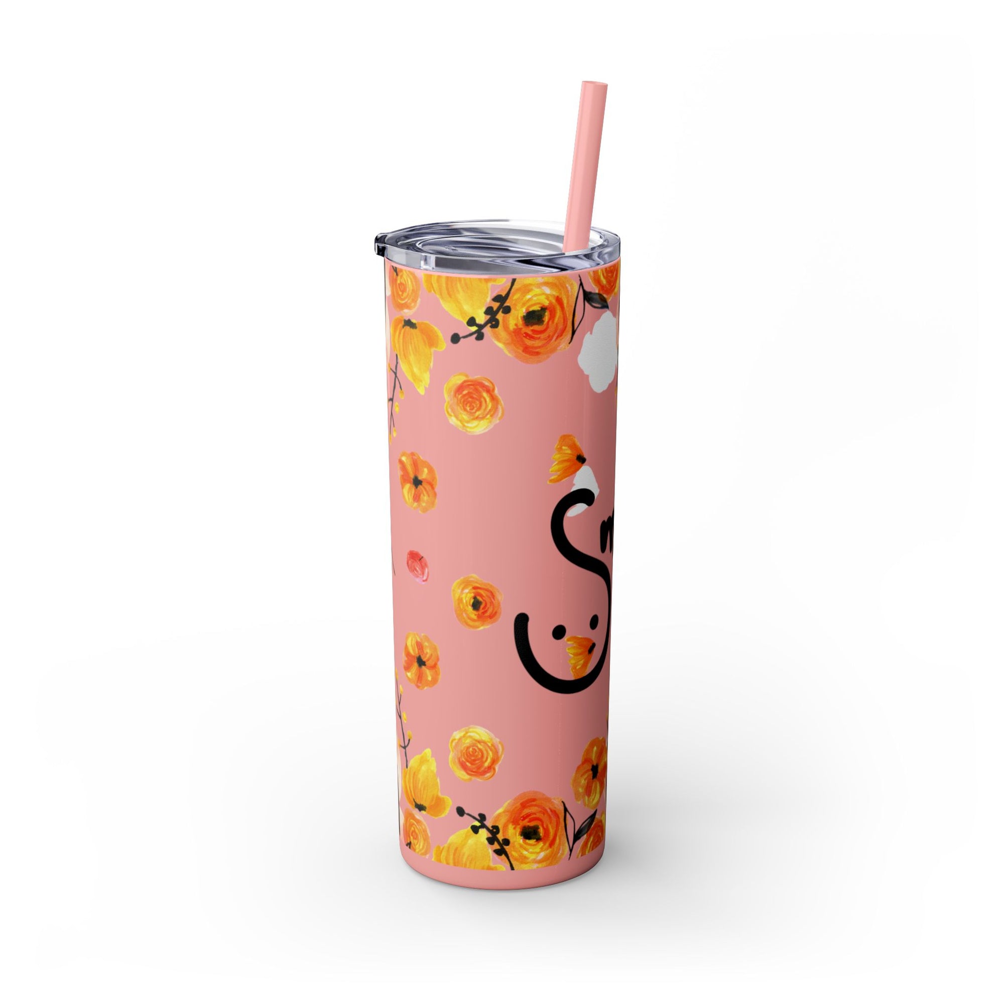 Smile Floral 20oz Skinny Tumbler – Watercolor Flower Stainless Steel Tumbler with Straw, Insulated Travel Cup, Cute Positive Gift
