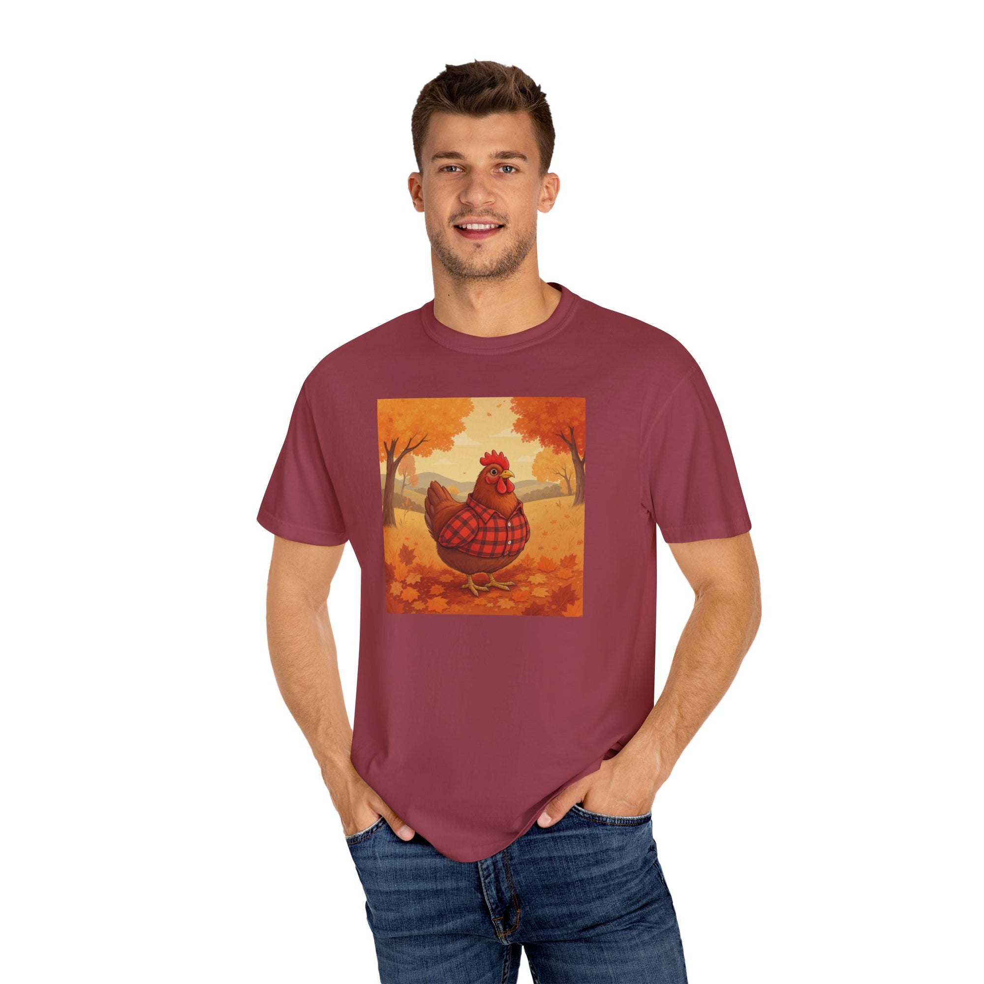 Feathered & Flannel Autumn Chicken T-Shirt, Cozy Fall Tee, Festive Farmhouse Shirt, Thanksgiving Apparel, Unisex Graphic Top