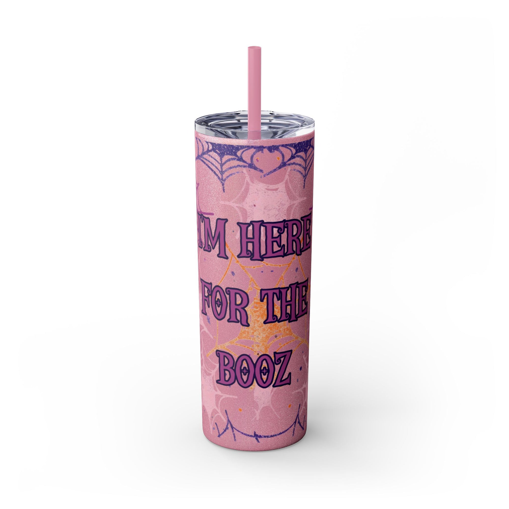 Halloween-Themed Skinny Tumbler, 20oz, I'm Here for the Booze, Travel Mug, Spider Web Design, Party Accessory, Fun Gift Idea