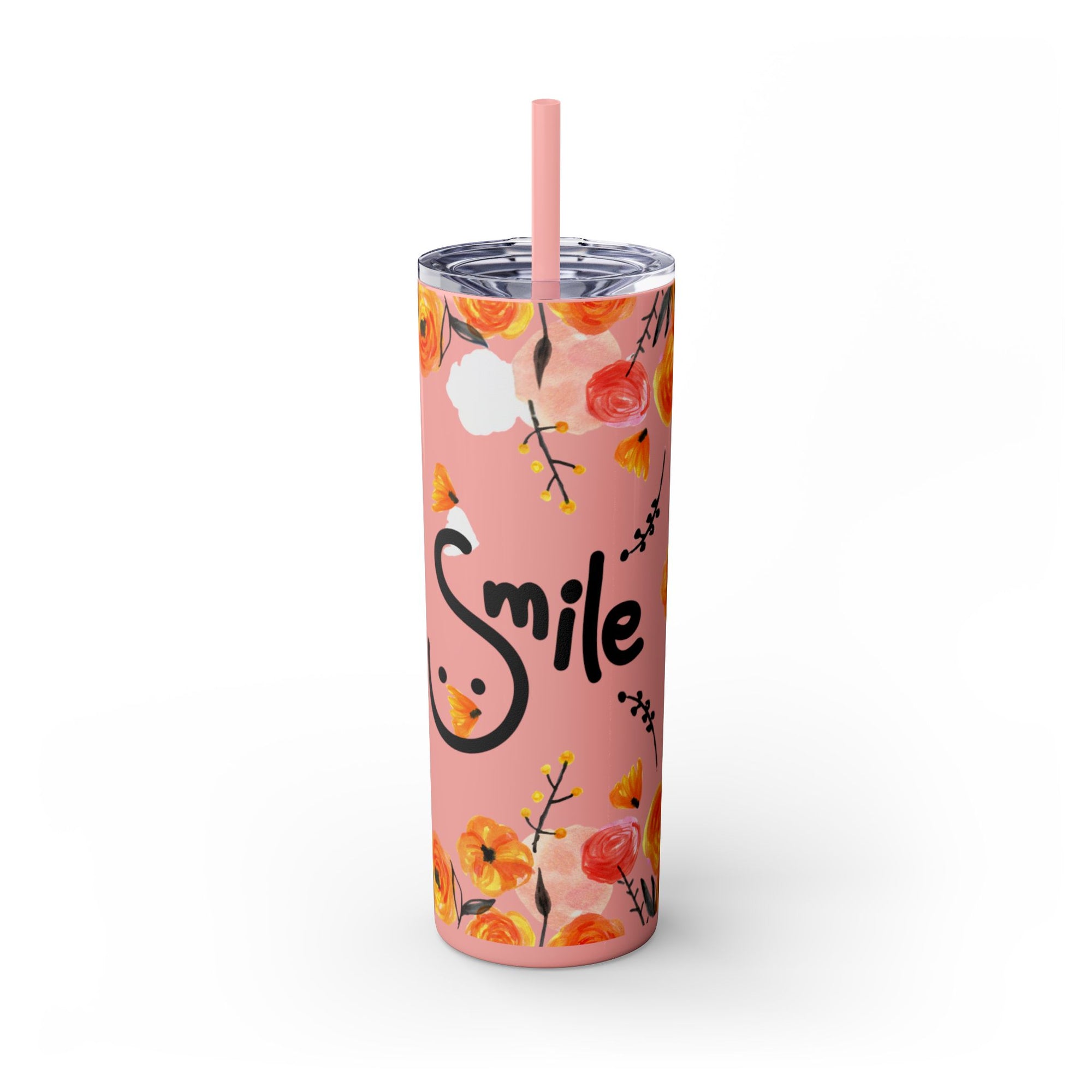 Smile Floral 20oz Skinny Tumbler – Watercolor Flower Stainless Steel Tumbler with Straw, Insulated Travel Cup, Cute Positive Gift