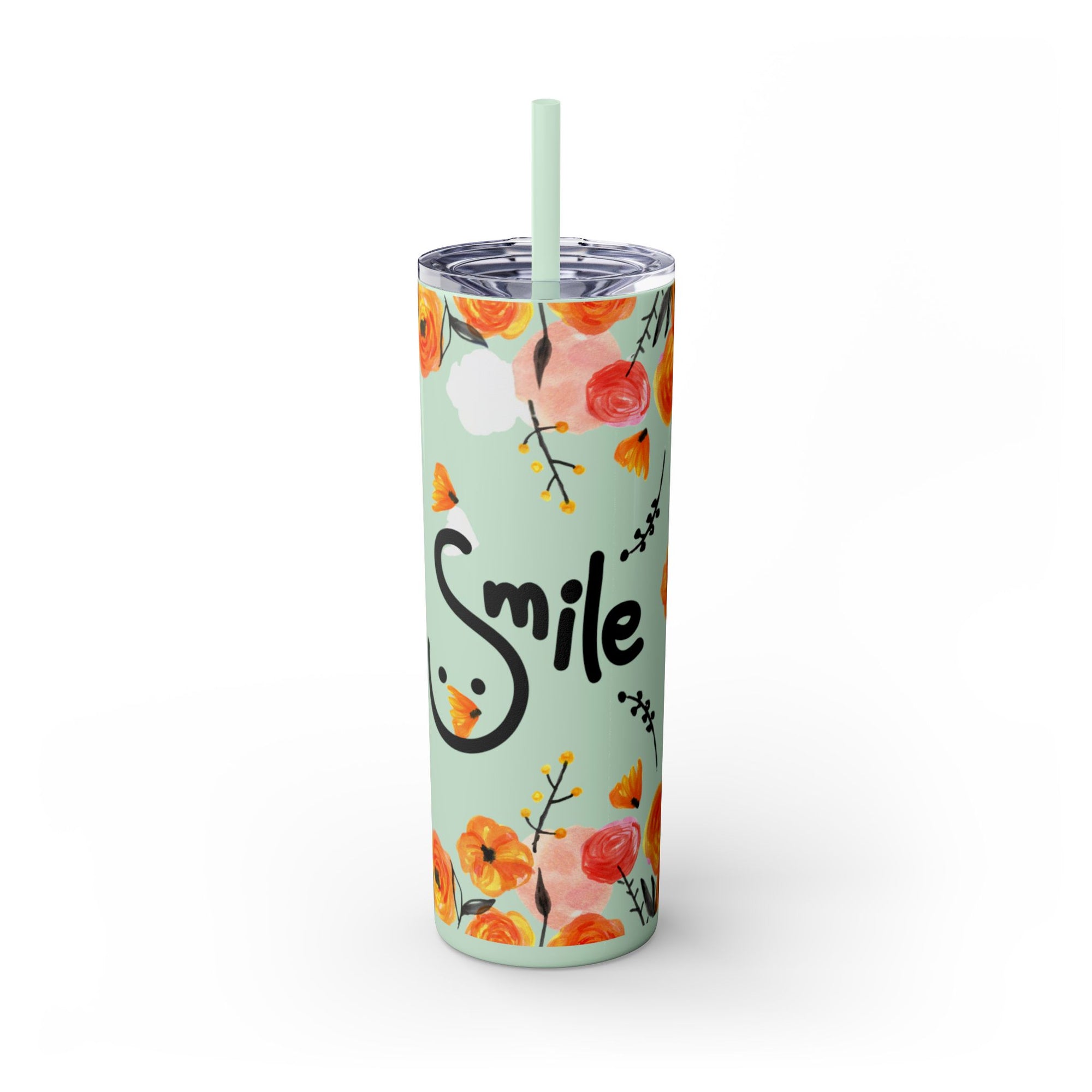 Smile Floral 20oz Skinny Tumbler – Watercolor Flower Stainless Steel Tumbler with Straw, Insulated Travel Cup, Cute Positive Gift