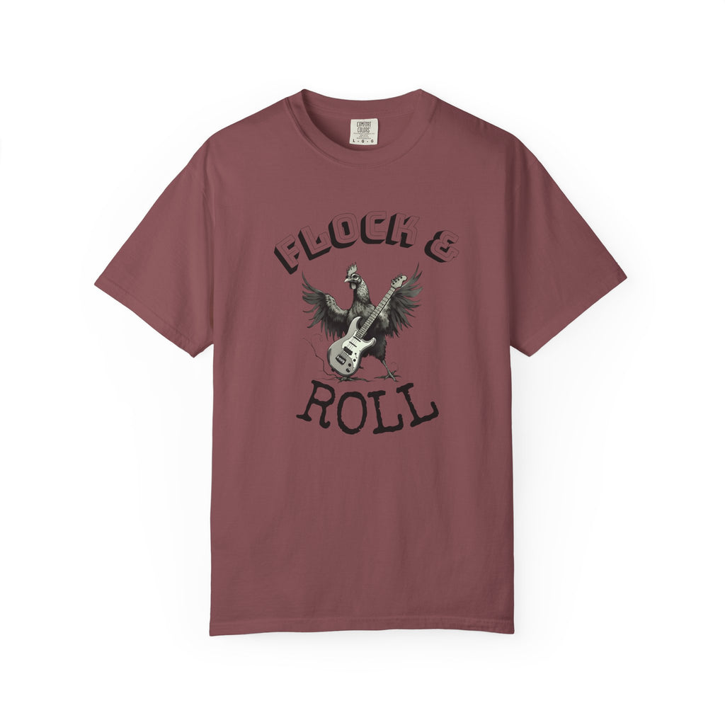 Flock & Roll Chicken T-Shirt – Funny Rock and Roll Graphic Tee – Chicken Lover Shirt – Farmhouse Country Gift – Backyard Poultry Humor