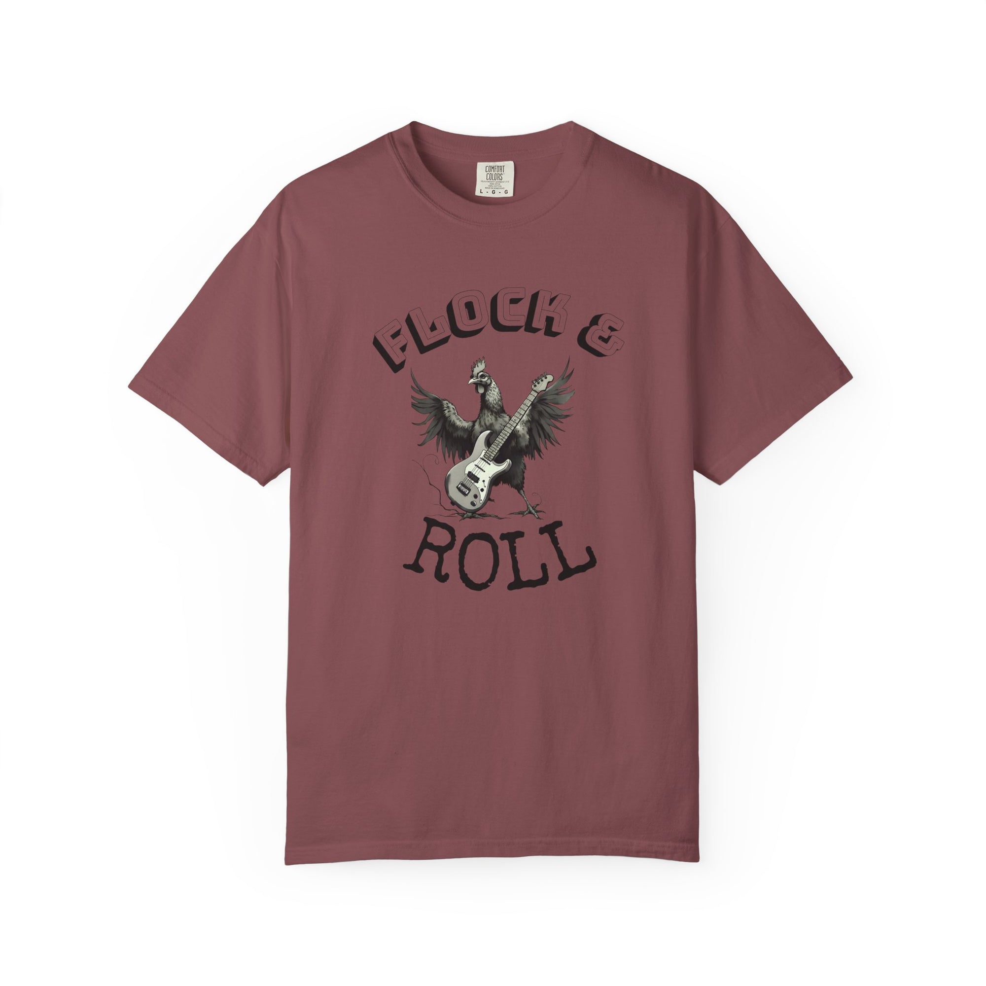 Flock & Roll Chicken T-Shirt – Funny Rock and Roll Graphic Tee – Chicken Lover Shirt – Farmhouse Country Gift – Backyard Poultry Humor