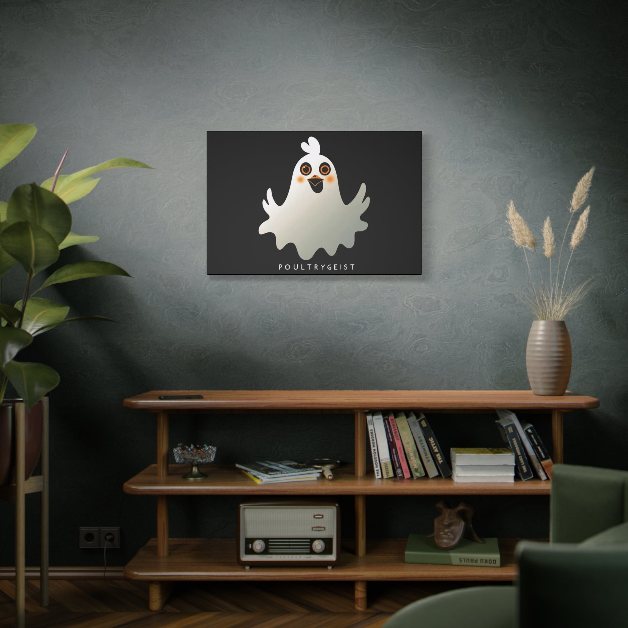 Poultrygeist Chicken Halloween Wall Art – Funny Farmhouse Spooky Decor – Gift for Chicken Lovers Whimsical Canvas Wall Art, Poultrygeist Decor, Cute Ghost Art, Halloween Home Decor, Fun Wall Hanging