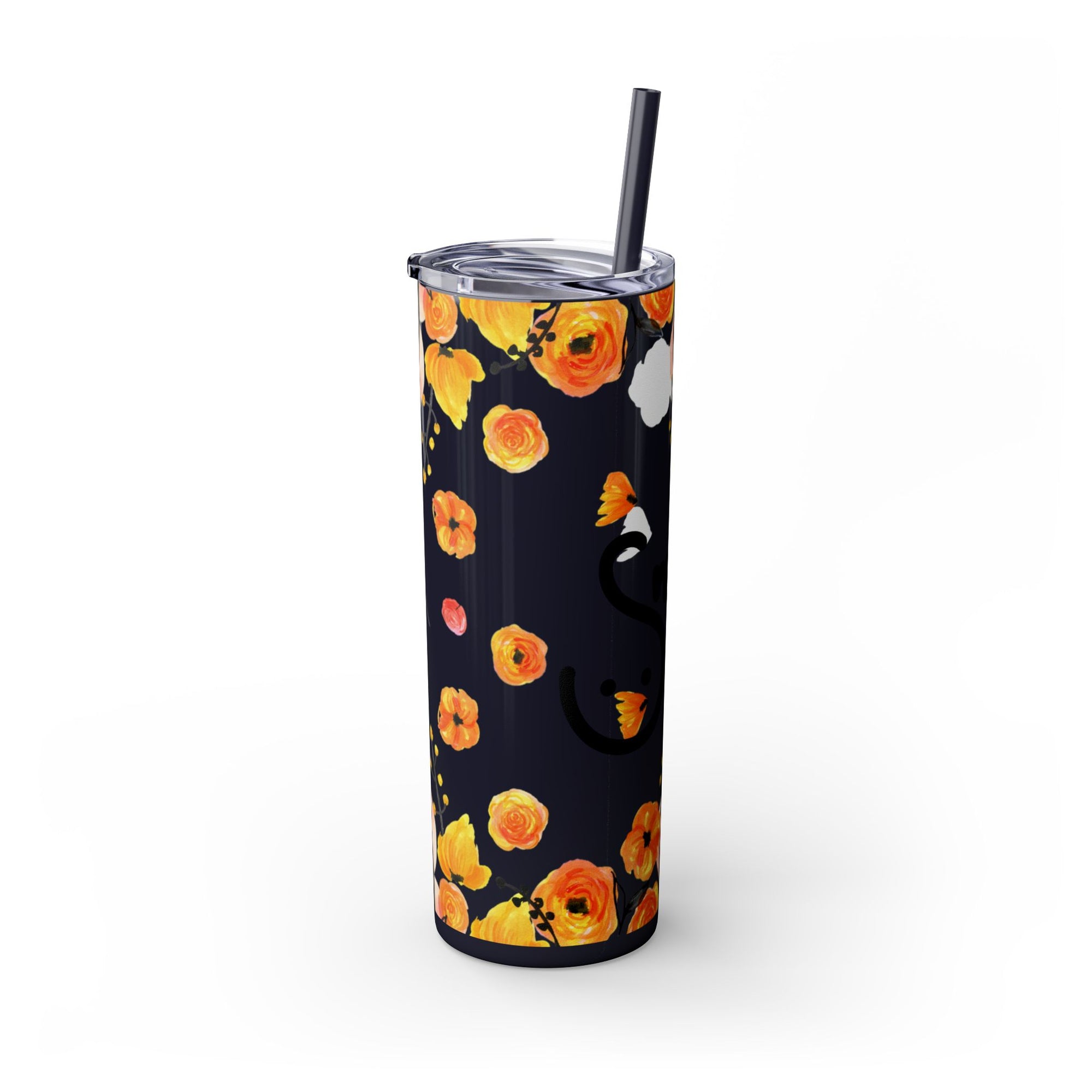 Smile Floral 20oz Skinny Tumbler – Watercolor Flower Stainless Steel Tumbler with Straw, Insulated Travel Cup, Cute Positive Gift